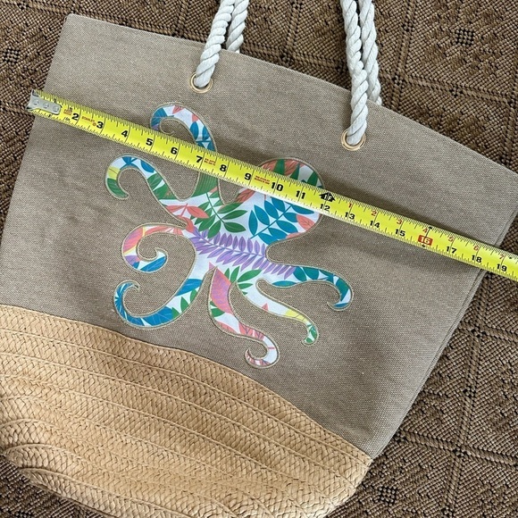 Floral Octopus Embroidered on Tan Canvas, Rope Handled Beach Bag Tote - Picture 8 of 9
